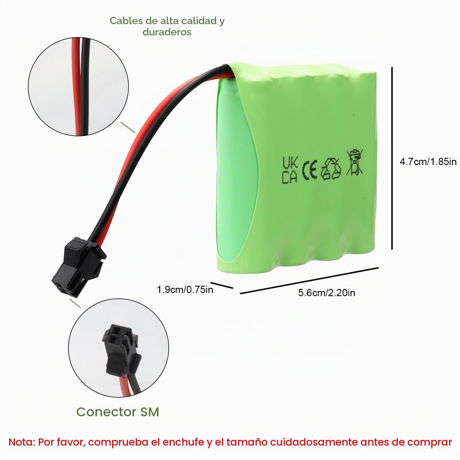 Paquete de 2 baterías Recargables NiMH RC de 4,8 V y 2400 mAh con Conector SM 2P, aptas para Coches de radiocontrol, vehículos de Juguete eléctricos, Camiones a Control Remoto