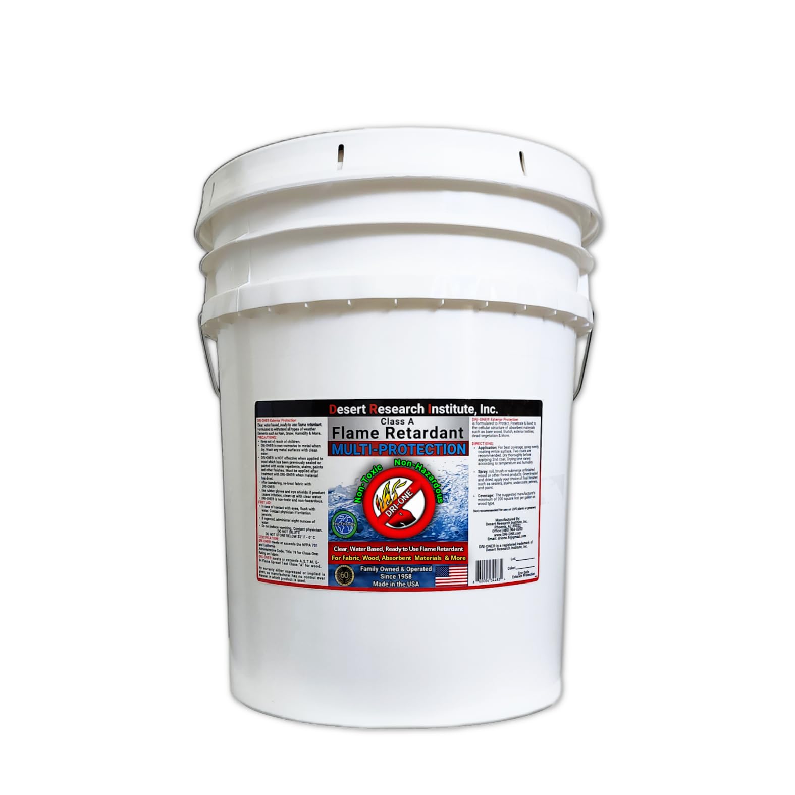 Fire Retardant Spray for Fabric, Wood, Thatch & More - Class A Flame Retardant Spray -Eco Safe - NFPA 701- ASTM E84-5 Gallon pail of DRI-ONE®