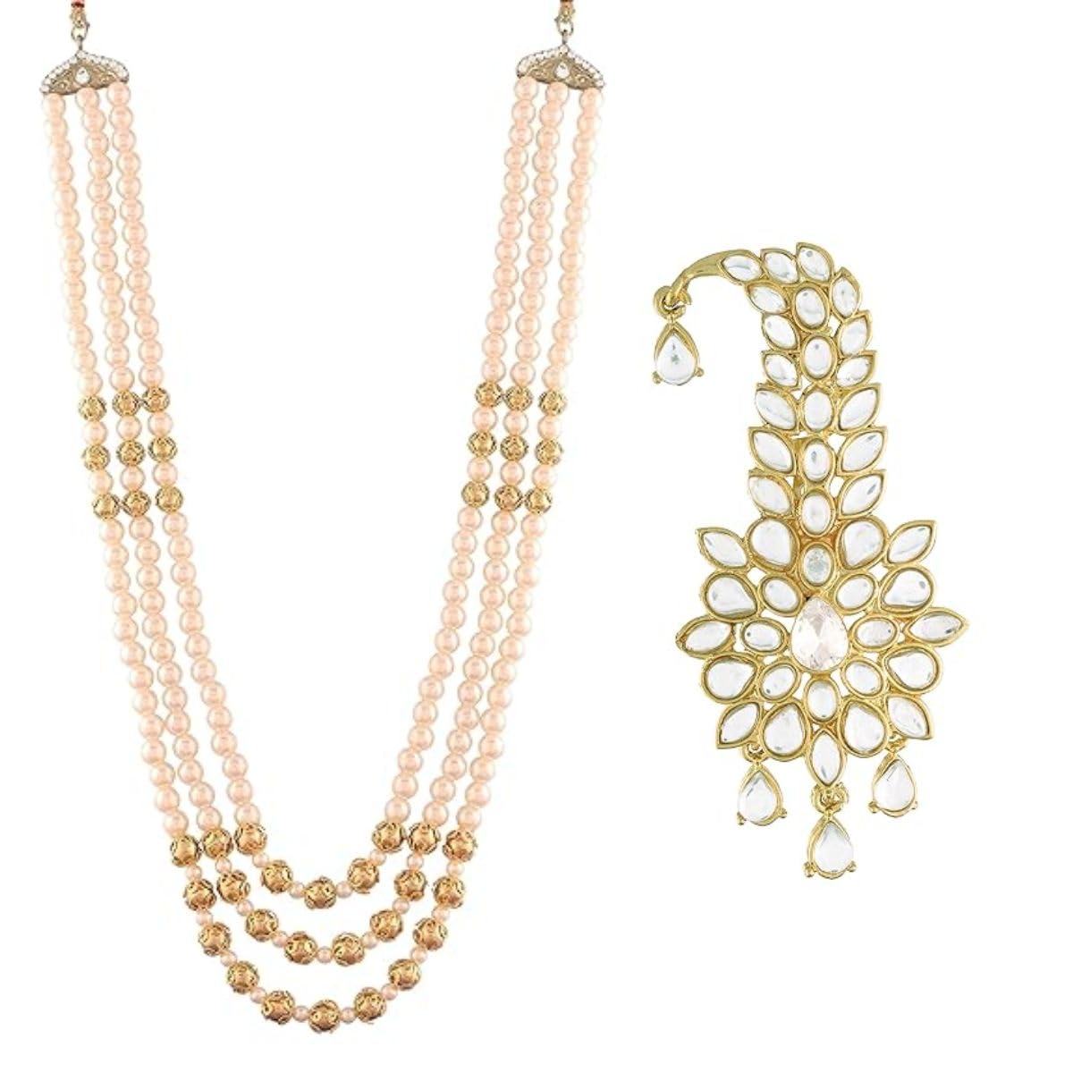 Gold Plated Multistrand Pearl Necklace with Safa Kalangi Brooch for Groom (MLP36FL-SM53W)