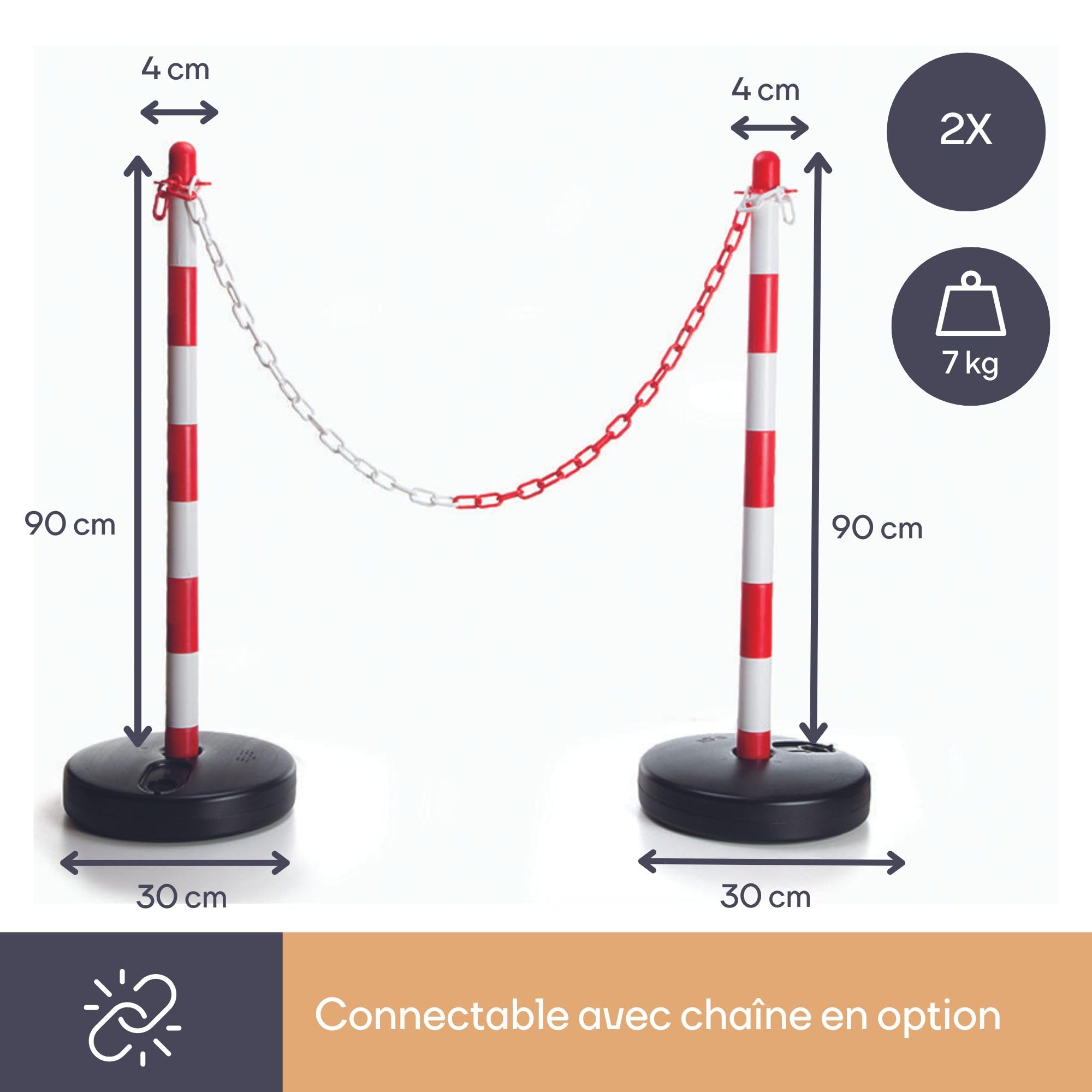 Image secondaire de Perel Set avec poteaux de balisage en PVC, avec pied à lester, chaîne non incluse, délimitation temporaire, pour événements, esp