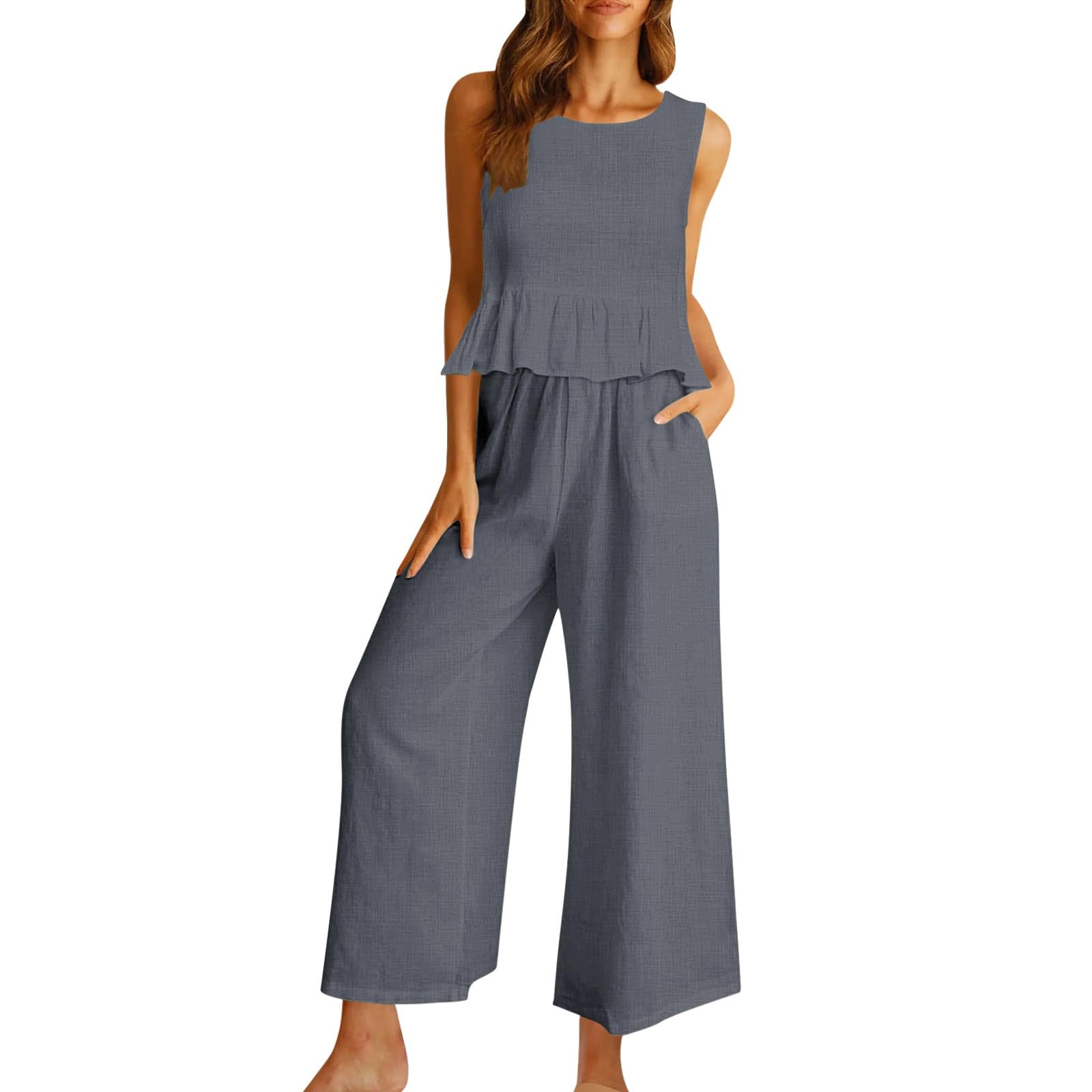 Harpily2023 Women's Summer 2 Piece Outfits Sleeveless Crewneck Crop Tops High Waisted Wide Leg Pants with Pockets