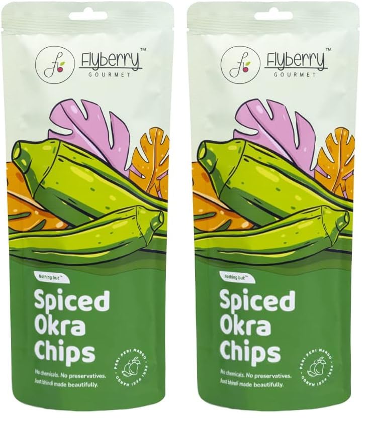 Image of Flyberry Gourmet Vacuum Fried Okra Chips, 40g | Less than 2% Rice bran oil | No Palm Oil & Preservatives | Healthy Snacks (Pack of 2)