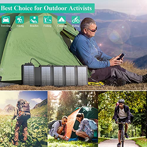 BLAVOR Solar Charger Five Panels Detachable, Qi Wireless Charger 16000mAh Portable Power Bank with Dual Output Type C Input Flashlight and Compass Kit (Black, 16000mah)