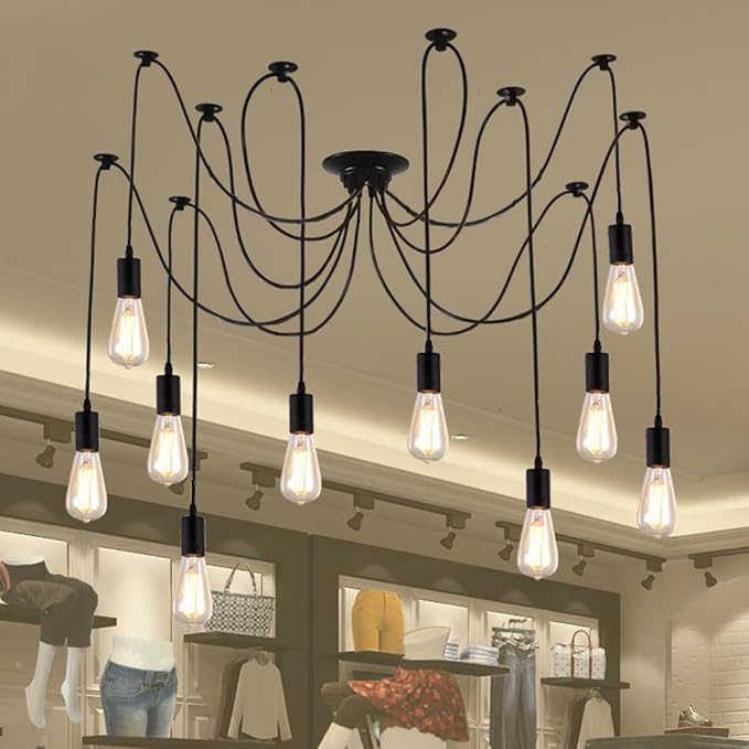Mengjay Kroonluchter, industriële vintage Edison-hanglamp, retro spinnenlamp, in hoogte verstelbaar, doe-het-zelf plafondlamp voor slaapkamer, woonkamer, eetkamer (10 lampen) photo 3