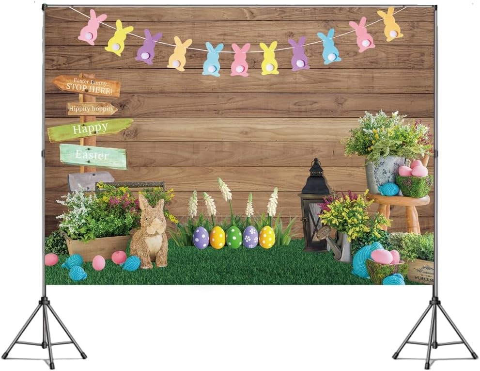 INRUI Happy Easter Photography Backdrop Rabbit Eggs Wooden Wall Flowers Grass Baby Shower Party Decorations Banner (10x8FT)