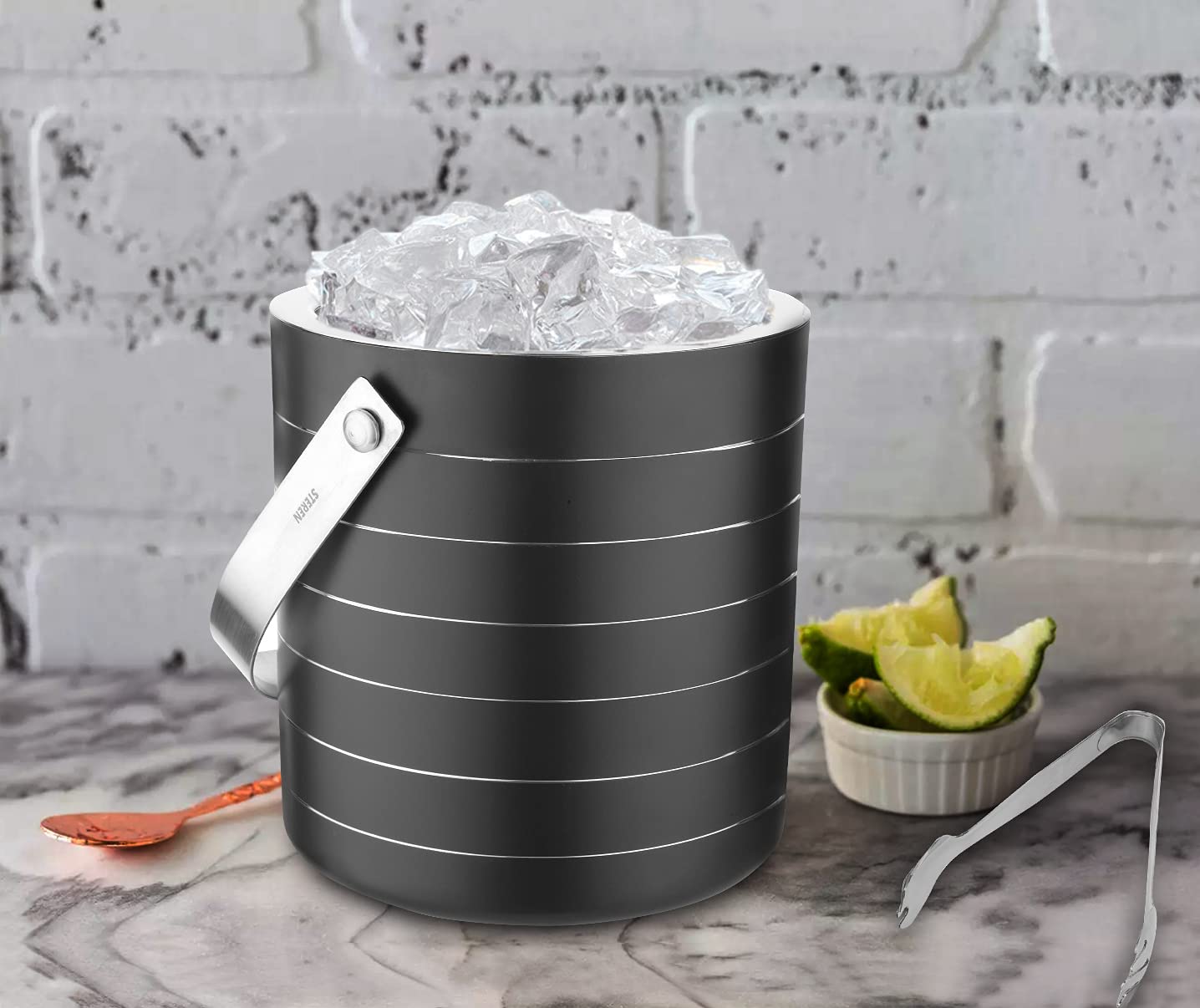 Steren | Stainless Steel Double Wall Ice Bucket with Tong - Black Ring Design, Medium 1.5L | Perfect for Gifting
