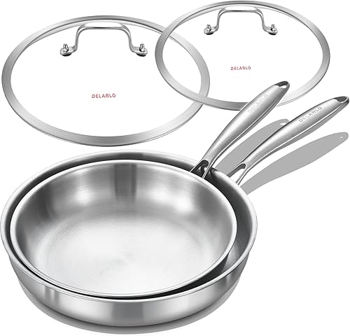 DELARLO Juego de sartenes de cocina de acero inoxidable de tres capas con tapa de 10.5 pulgadas y 12.5 pulgadas, sartenes grandes de inducción,