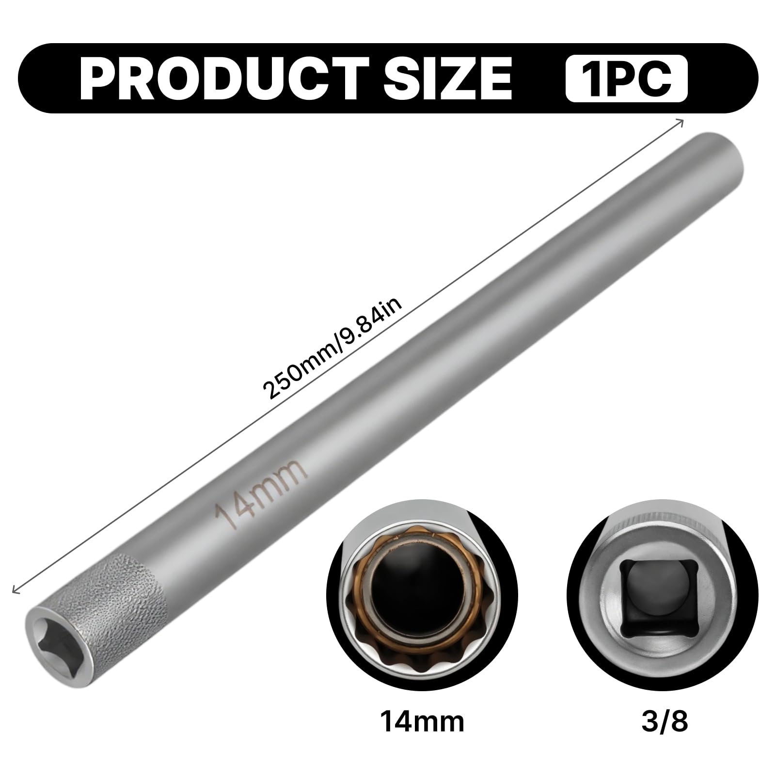 bussola candele 14 mm 3/8“ 12 facce lunga 250 mm, bussola lunga 14 mm 12 facce 3/8” auto, acciaio al cromo-vanadio (14mm)