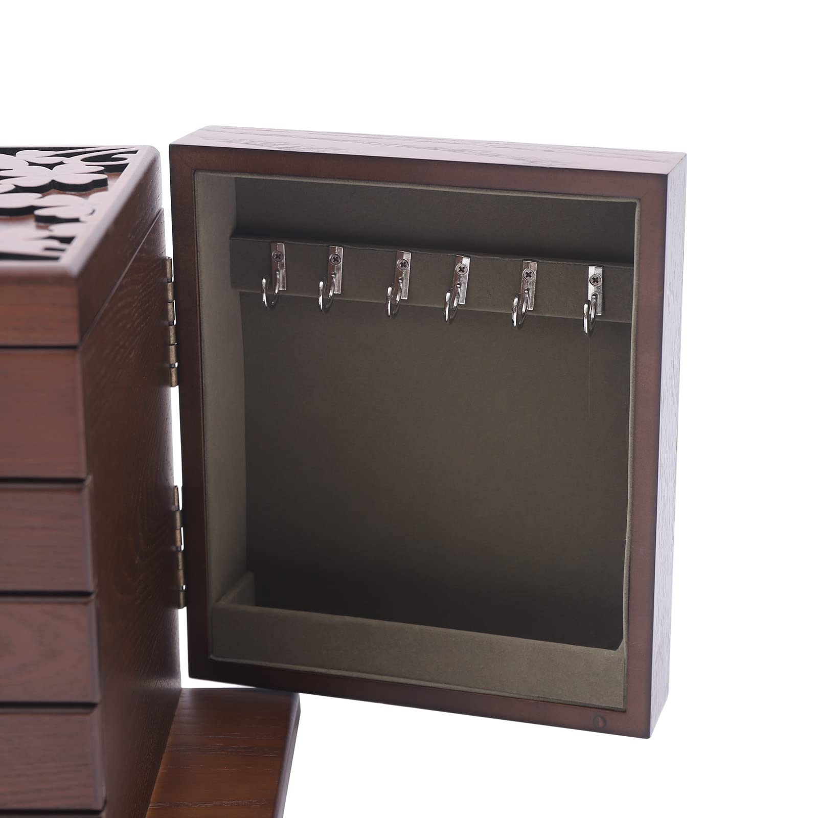 Portagioie in legno, a 5 livelli, vintage, con coperchio, con serratura e specchio, grande scatola di legno per gioielli, collane, anelli, organizer, 27 x 19,2 x 24,3 cm