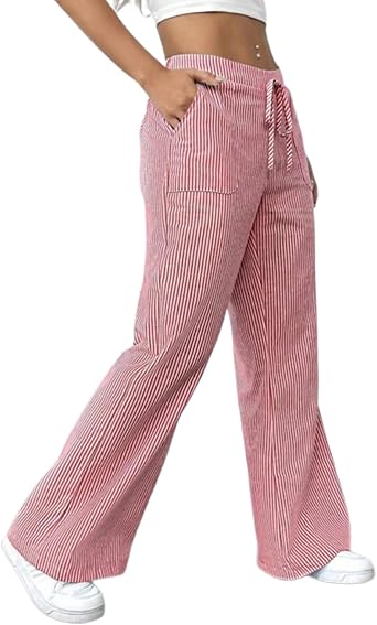 2025 Casual Womens Drawstring Striped Pants with Pockets, Drawstring Elastic Waist, Casual Wide Leg