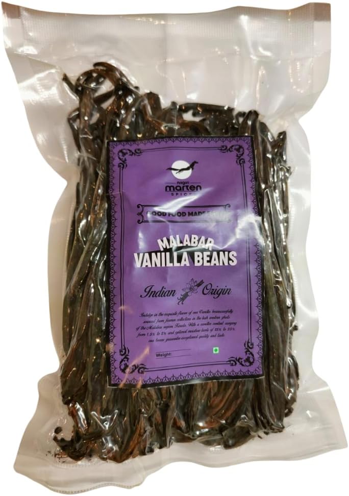 Malabar Vanilla Beans Gourmet Grade | 1.5-2% Vanillin | 25-30% Moisture | Natural & Pure | For Baking, Extract, Coffee, Brewing, Cooking | Single Origin (500g)