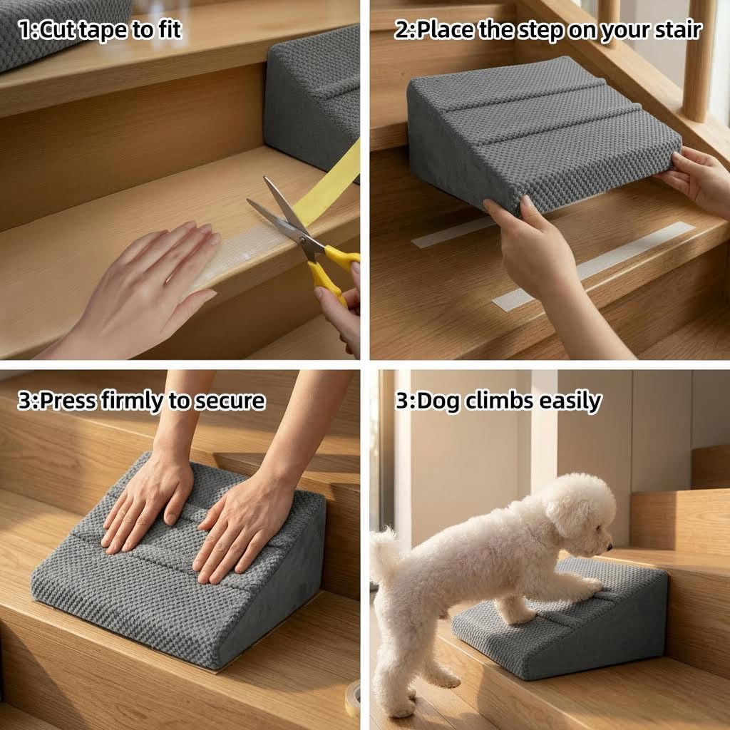 Dog Ramp for Stairs & Dog Ramp for Steps - Non-Slip Independent Foam Stair Pads for Small Dogs & Cats Under 30lbs, Fit Standard Stairs, Washable Cover (Gray, 4-Pack)