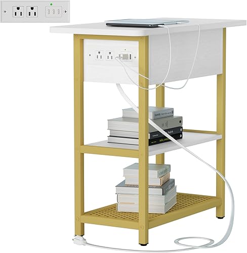 Yenlure Mesa auxiliar con estación de carga, mesa auxiliar estrecha con 5 puertos USB y tomacorrientes, mesita de noche abatible para espacio