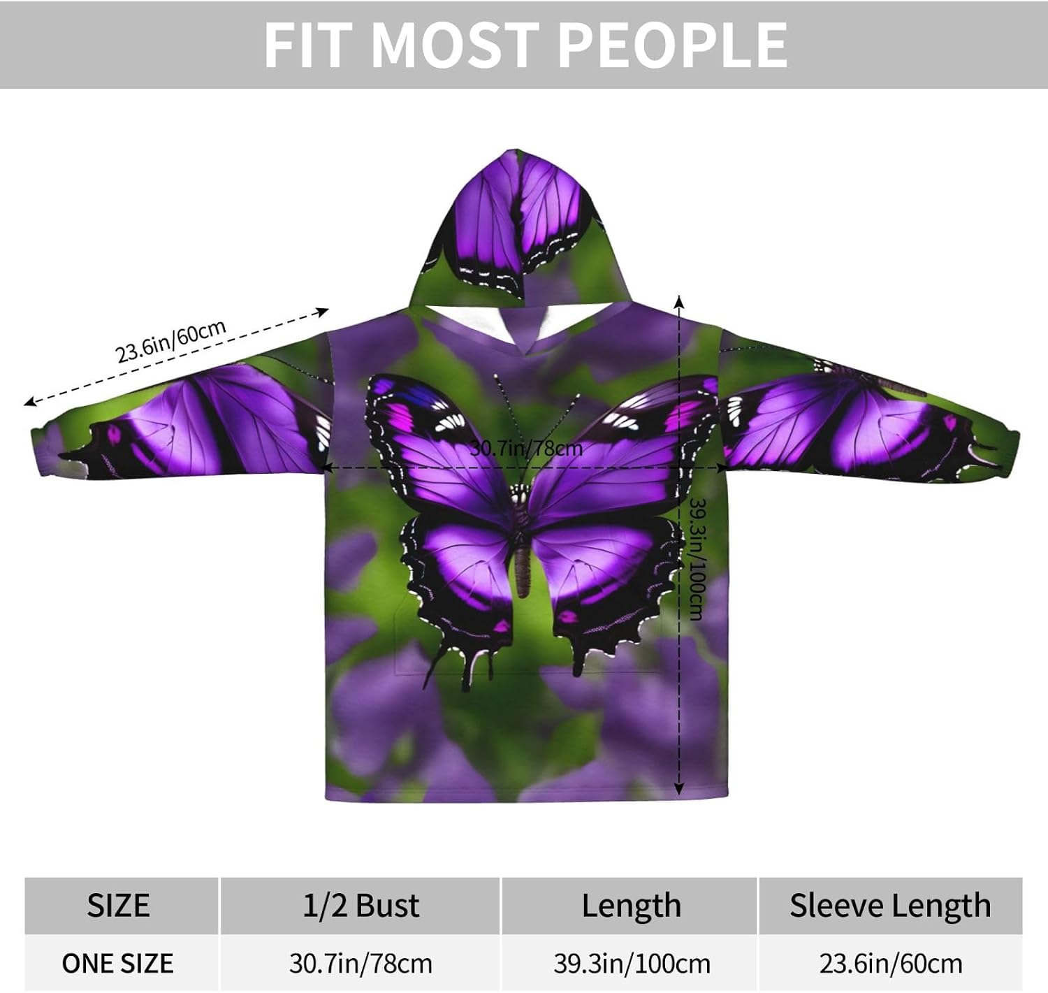 Purple Butterflyprint Oversized Hoodie Blanket, Super Soft Warm Comfortable Hoodie, Wearable Blanket Adult
