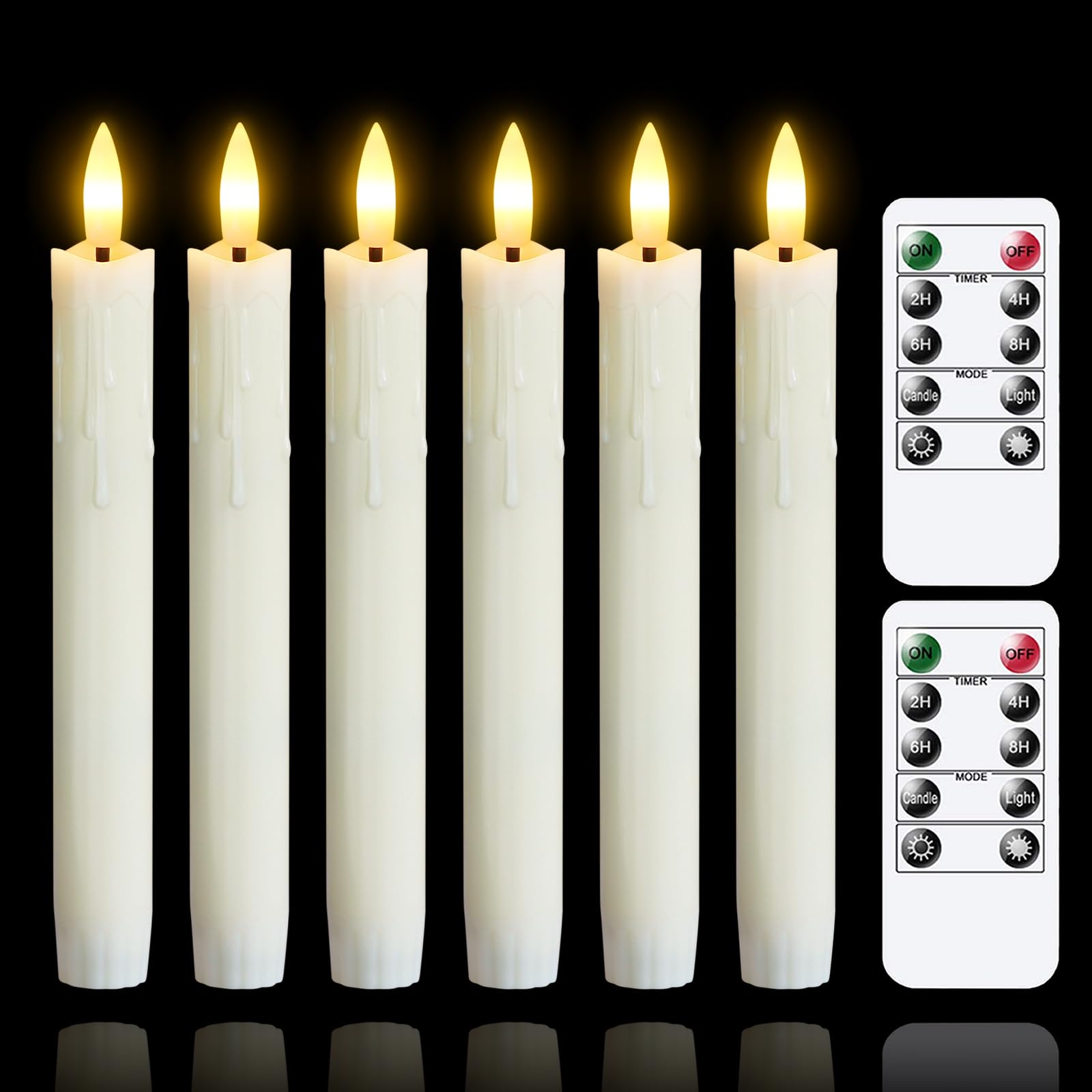 Flameless Flickering Taper Candles Two Remote, 7.5 Inch Ivory Battery Operated LED Window Candles Timer,Set of 6 Plastic 3D-Wick Dripping-Wax Effect Flameless Candlesticks(0.86”Dia,Warm Fire)