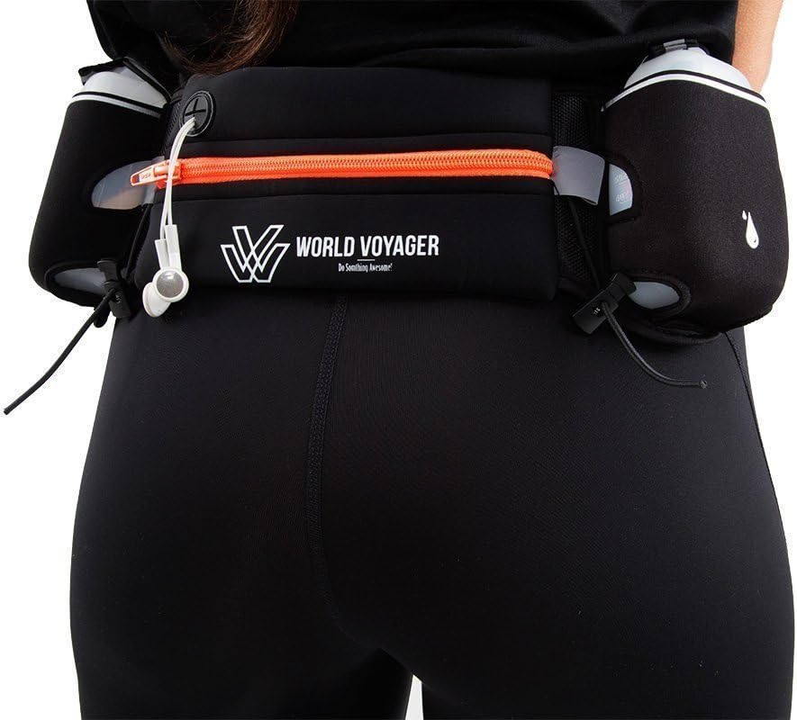 World Voyager No Bounce Runners Hydration Belt with Reflectors, Smartphone Pocket (Fits iPhone 6 Plus), BPA Free Water Bottles - Orange