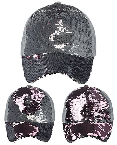 C.c Ponycap Messy Bun Ponytail Reversible Magic Sequin Adjustable Baseball Cap, Silver/Rose #TOP3