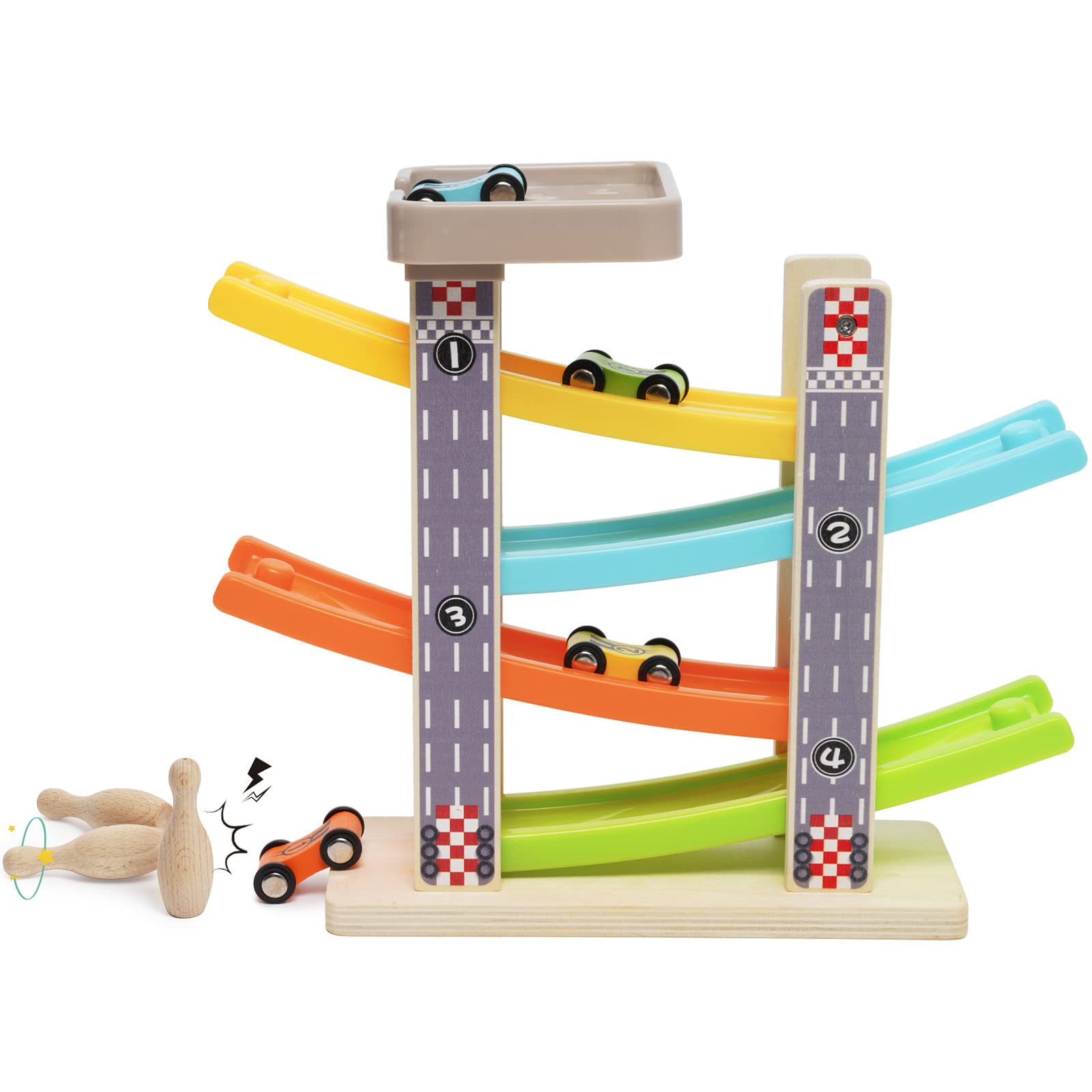 Pista Per Auto In Legno, Giochi Per Bambini Ramp Racer Con 4 Macchinine E 3 Palle