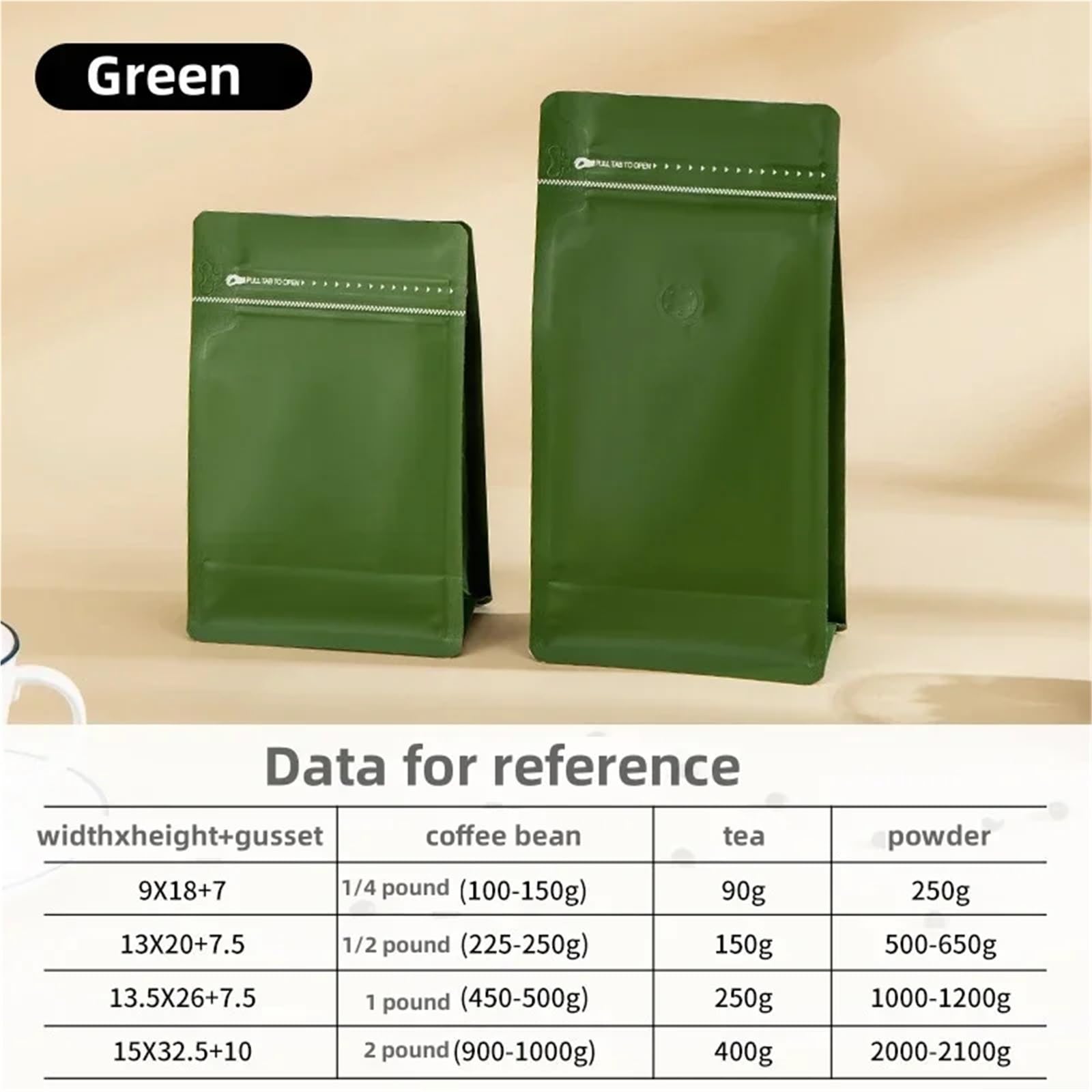 Lot de 50 sacs à café avec valve - 125 g, 250 g, 500 g, 1 kg, orange - Soufflet latéral en feuille d'aluminium - Sacs de grains alimentaires (vert, 250 g avec valve)