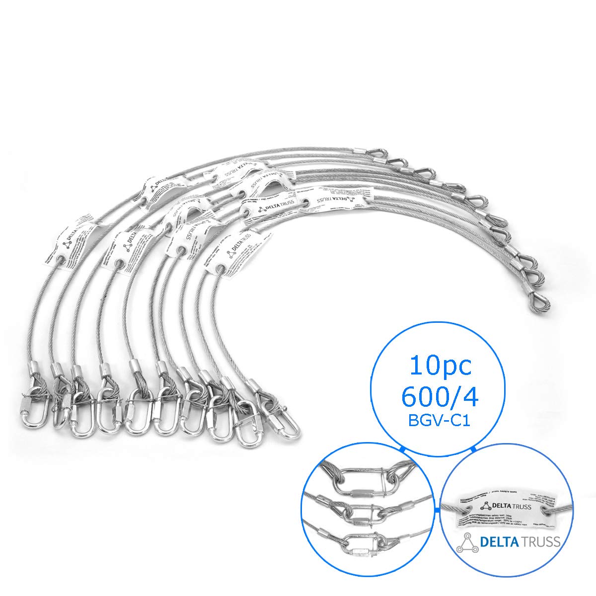 10x Sicherheitsfangseil 600x4mm 10er Set Safety nach DGUV 115-002 17 (ehemals BGV-C1) bis 10kg Sicherungsseil Fangseil