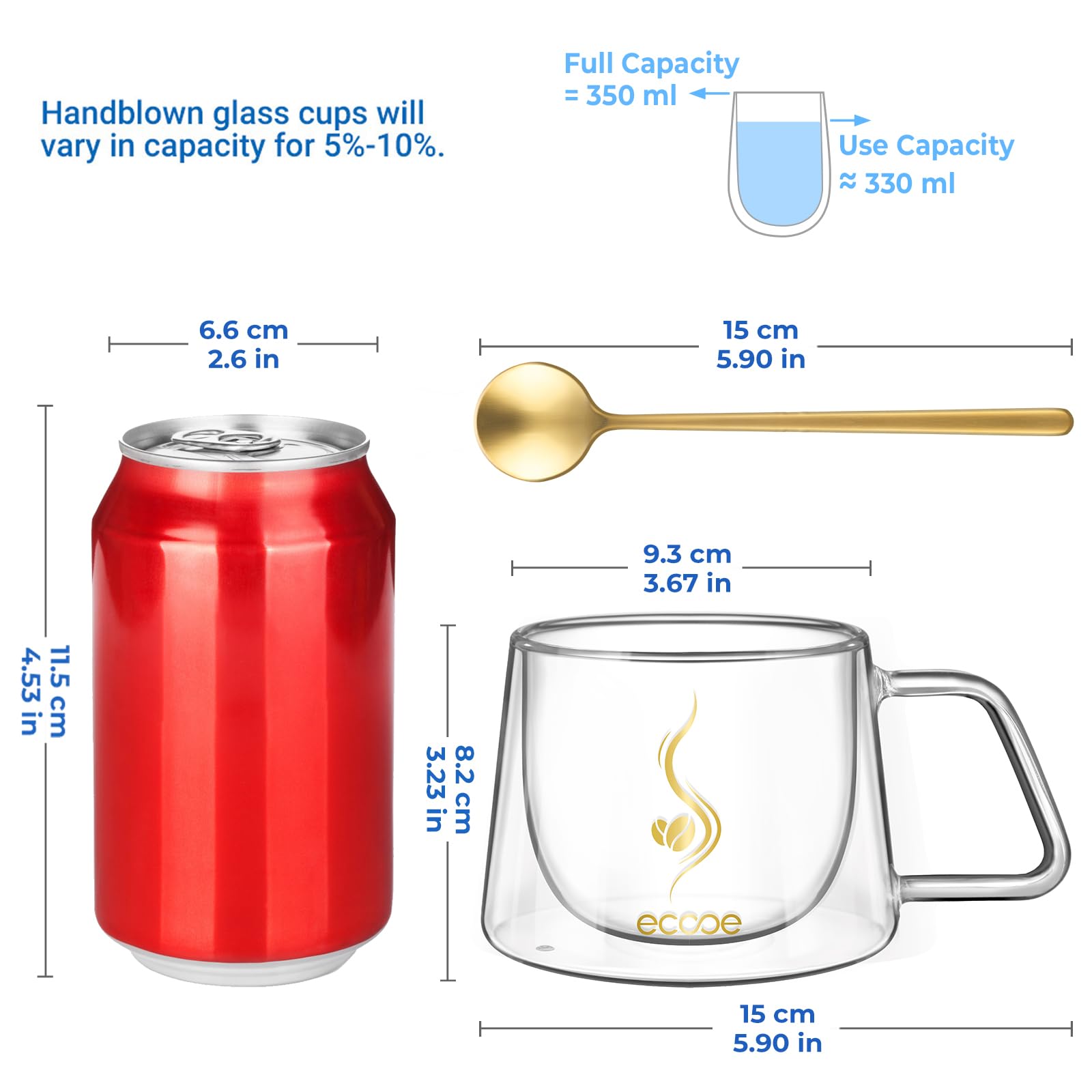ecooe 350 ml Kubek do kawy z podwójnego szkła Zestaw 2 szklanek do kawy z podwójną ścianką z uchwytem i łyżką do herbaty, kawy, mleka, cappuccino, prezent urodzinowy dla przyjaciela rodzica