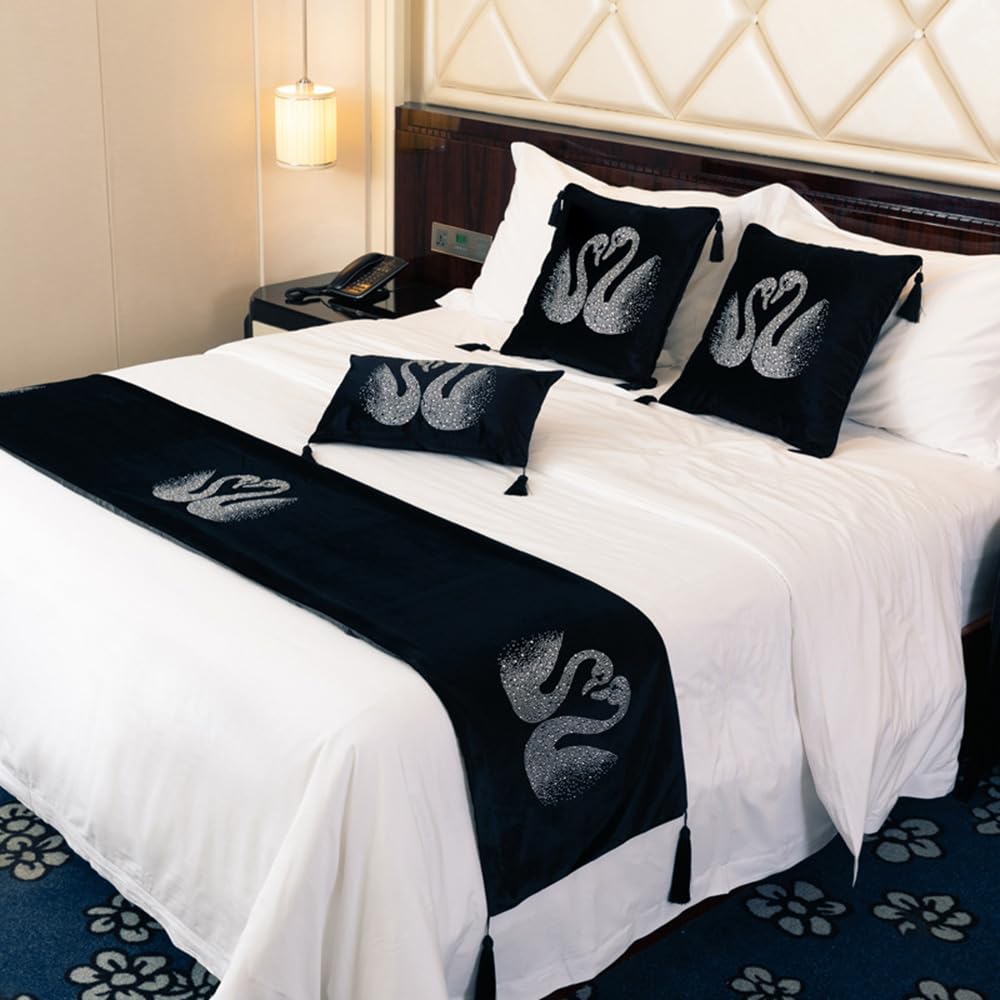 QRGMKL Luxury Swan Bed Runner Thicken Velvet Bed Scarf Simple European Style Bed Runners and Matching Cushions Bedding Protector for Bedroom Hotel-Black||240X45cm for 1.8m Bed