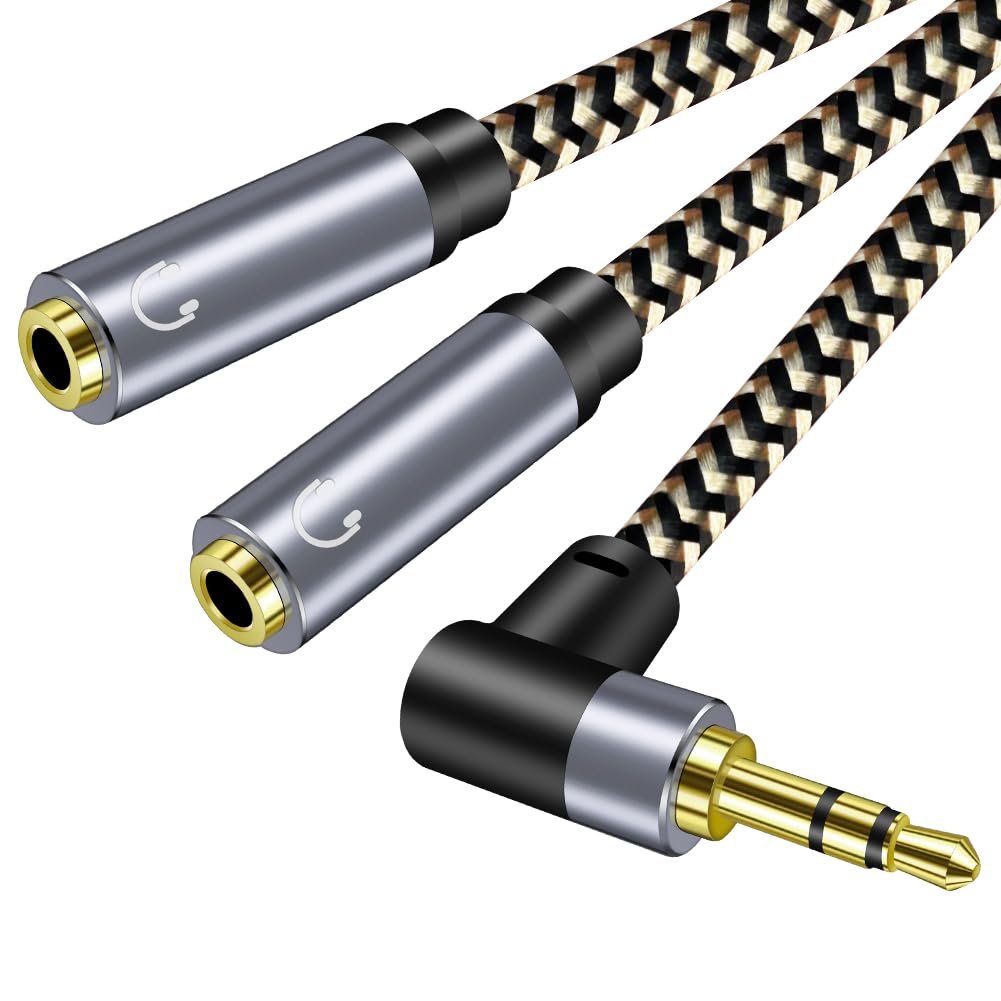 Hanprmeee Headphone Splitter,right angle 3.5mm Male TRS to 2 Dual 3.5mm Female Adapter Nylon-Braided Stereo Y Aux Cable Splitter for Phone Speakers