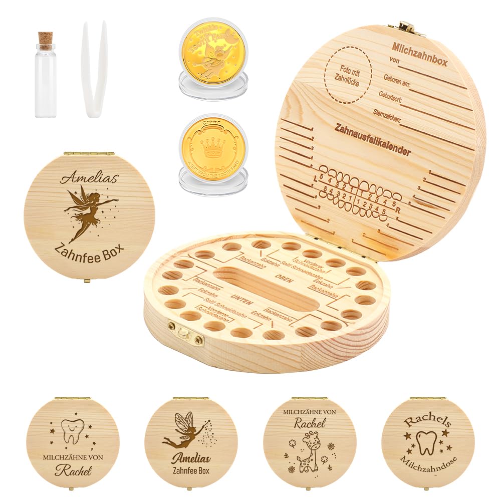 FIDWALL Personalisierte Milchzahndose mit Namen & Motiv, Set mit Zahnfee Münze, Zahndose Milchzähne für Jungen & Mädchen, Holz Zahnbox als Andenken & Geschenkidee für Kinder, Zahnrettungsbox (Gravur)