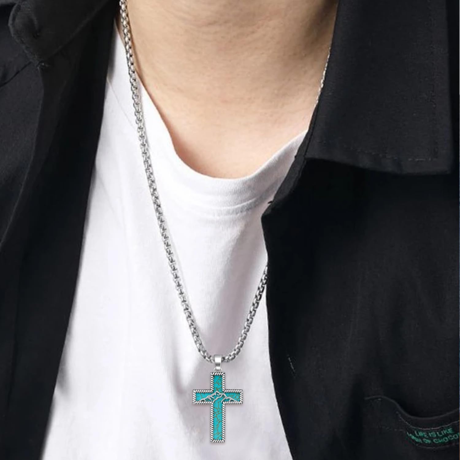Genuine Turquoise Necklace 925 Sterling Silver Cross Pendant Necklace Vintage Western Cross Turquoise Jewelry for Men - Image 6