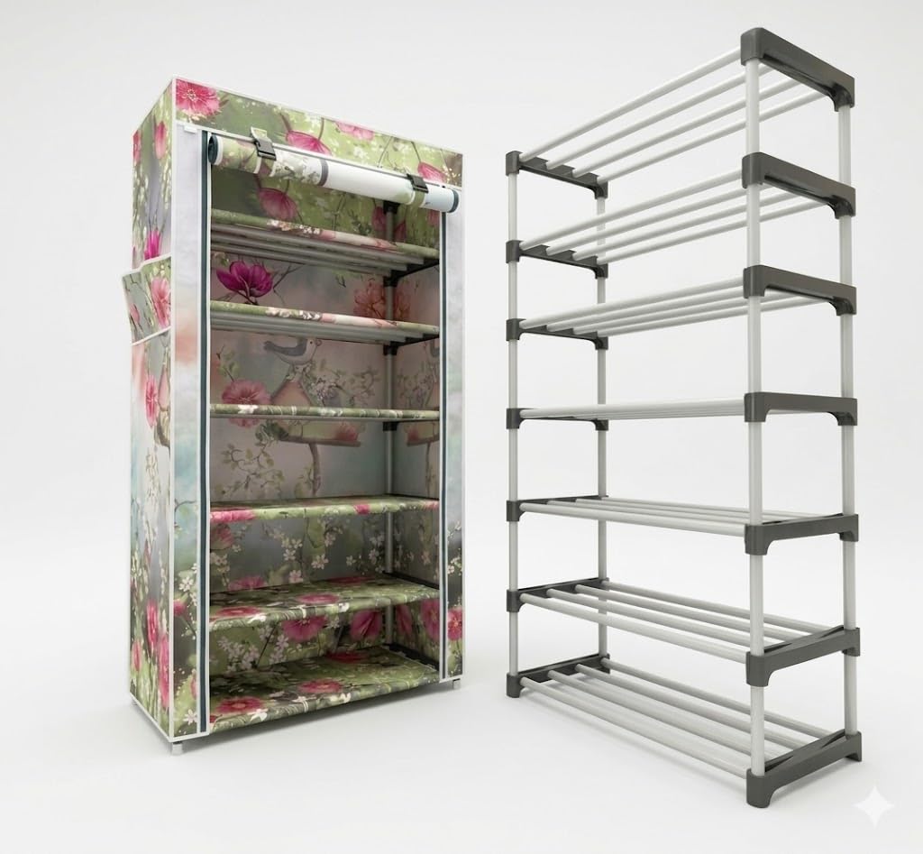 Chalia 6-Tier Multipurpose Organizer Rack with Botanica Shield Water-Resistant Cover | Floral 6-Shelf Plastic Storage Stand for Clothes, Shoes & Books | Tool-Free Home Assembly (Sage Green Floral)-picture-18