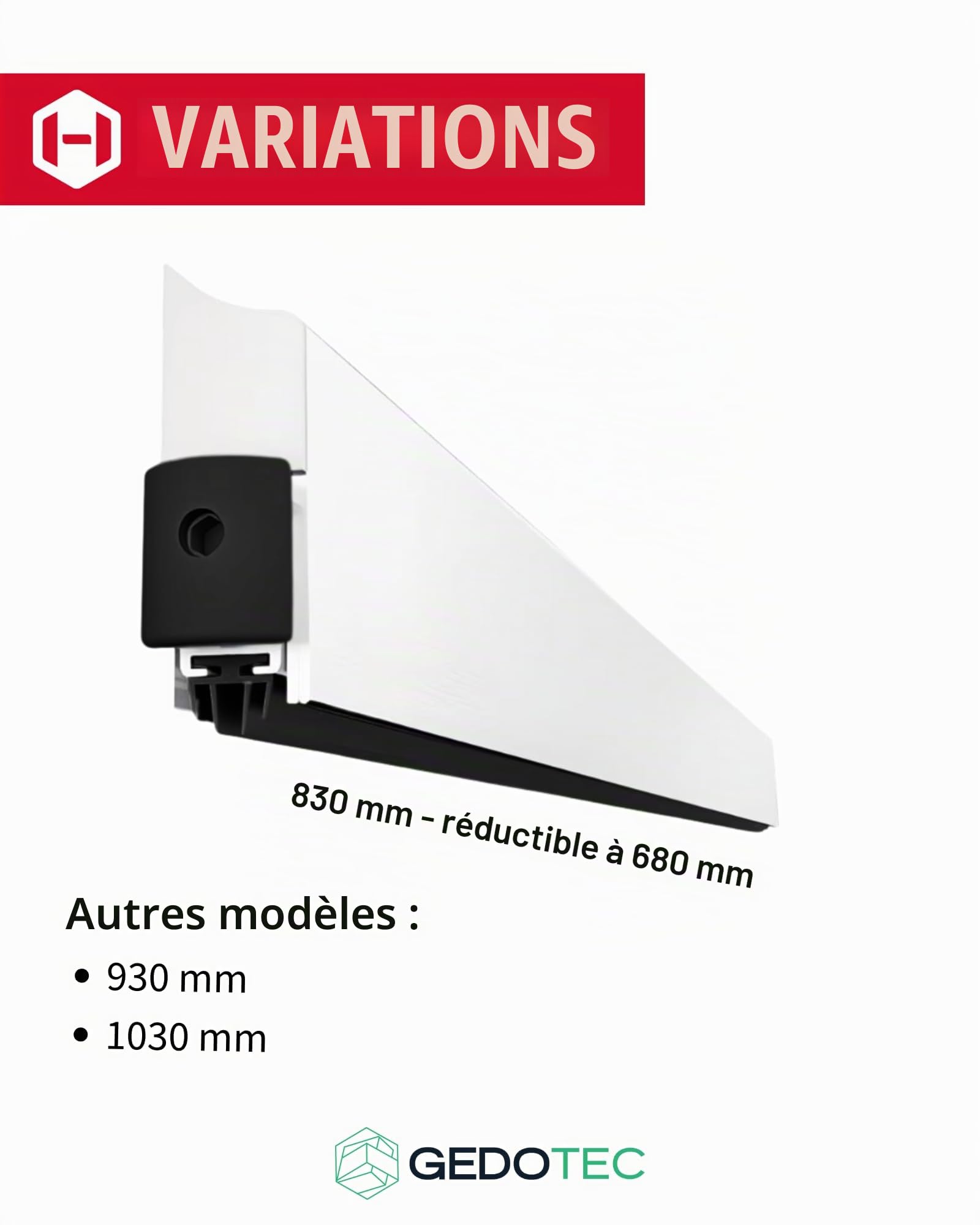 Gedotec Joint de Bas de Porte Automatique - Blanc | 1 pièce Joint de Porte Automatique 13 x 39 mm | Applique | Longueur 830 mm - recoupable | Joint à seuil pour Portes | Coupe-Vent Bas de Porte
