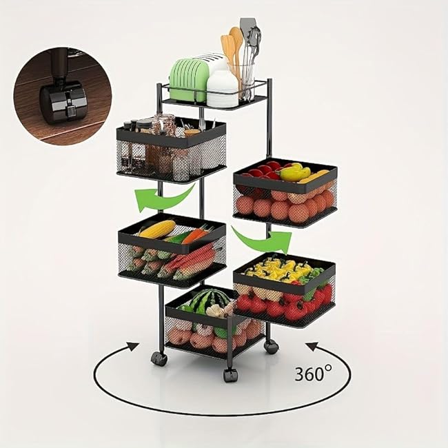 5-Tier Rotating Kitchen Storage Shelf Metal Multi-Layer Vegetable Fruit Basket Organizer with Wheels Square Floor-Standing Rack for Pantry Bathroom Living Room (White)-U4jvLfoI