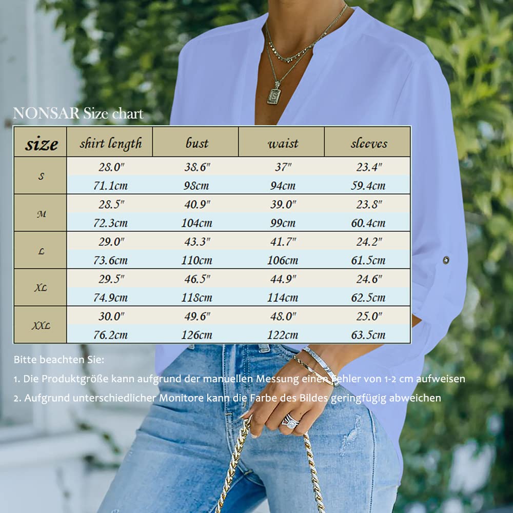 NONSAR Camicetta da donna Henley, elegante, con scollo a V, maniche arrotolabili, in stile casual