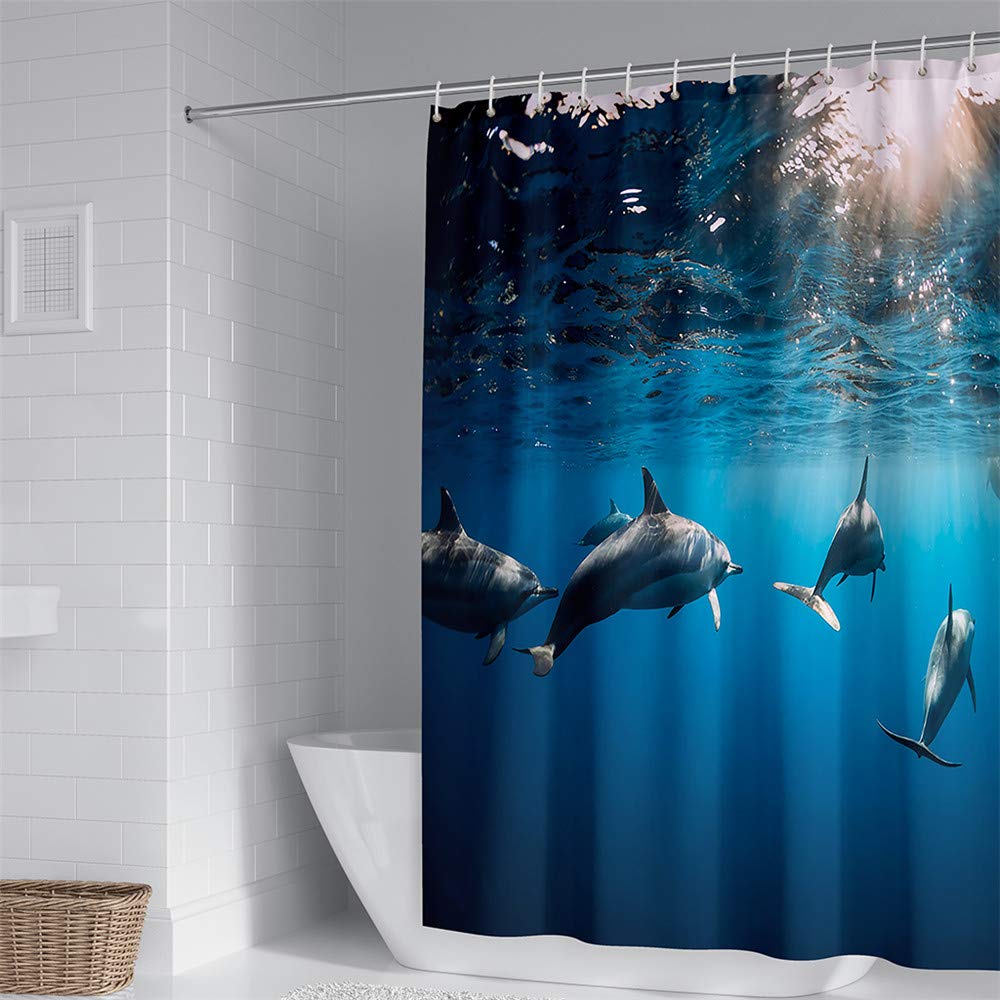 Rideau De Douche Résistant à L'Eau 180x180cm - Impression 3D Couple De Dauphins - Avec 12 Crochets - Tissu Polyester Lavable