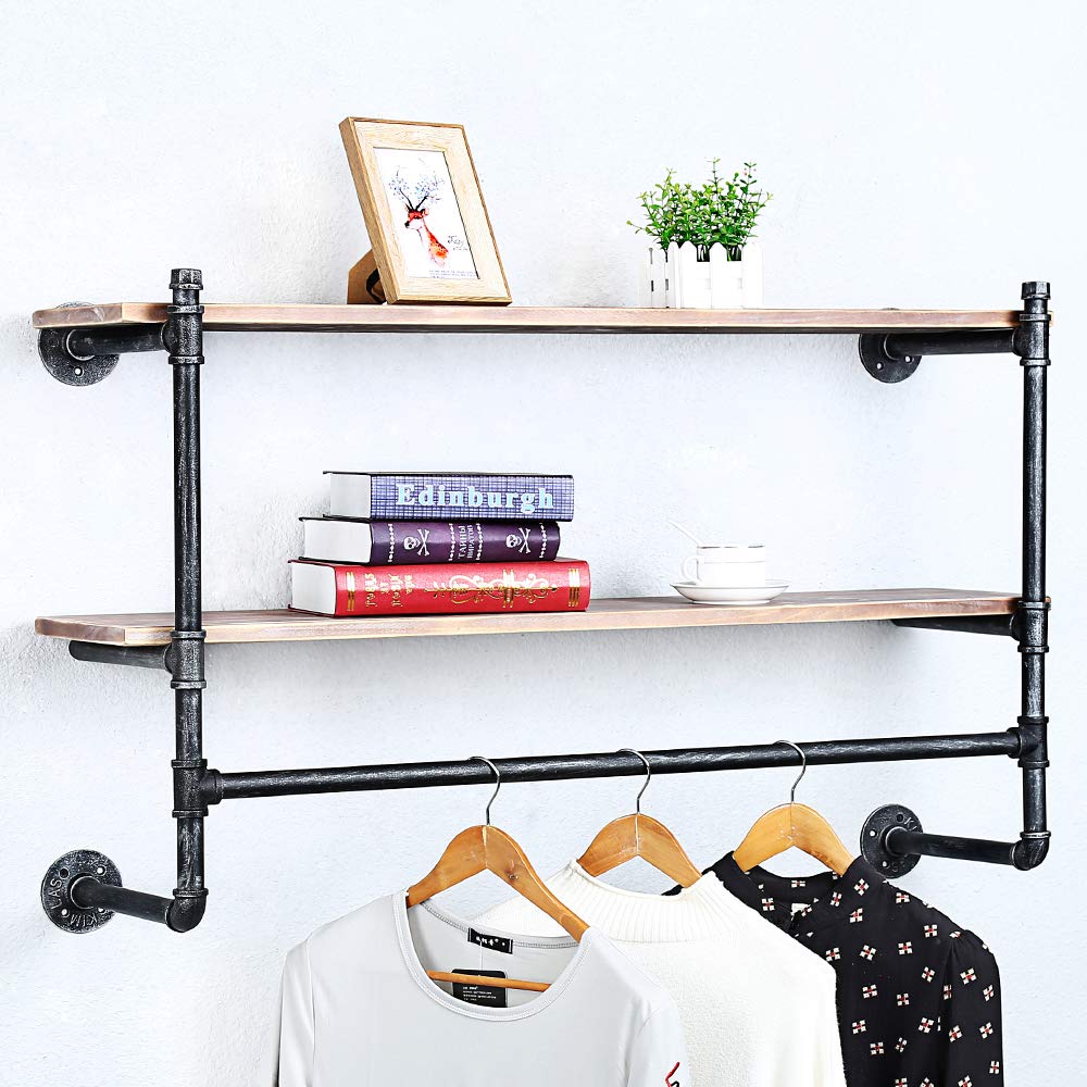 Buy Industrial Pipe Clothing Rack Wall ed with Real Wood Shelf,Rustic