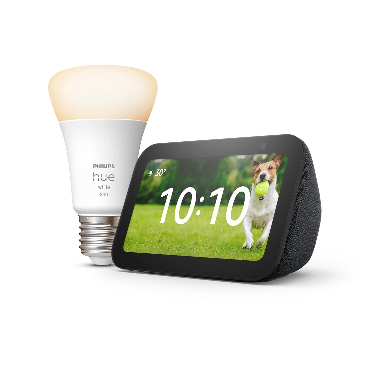 Echo Show 5 (3.ª generación) | Antracita + Philips Hue White Bombilla Inteligente (E27), compatible con Alexa - Kit de inicio de Hogar digital