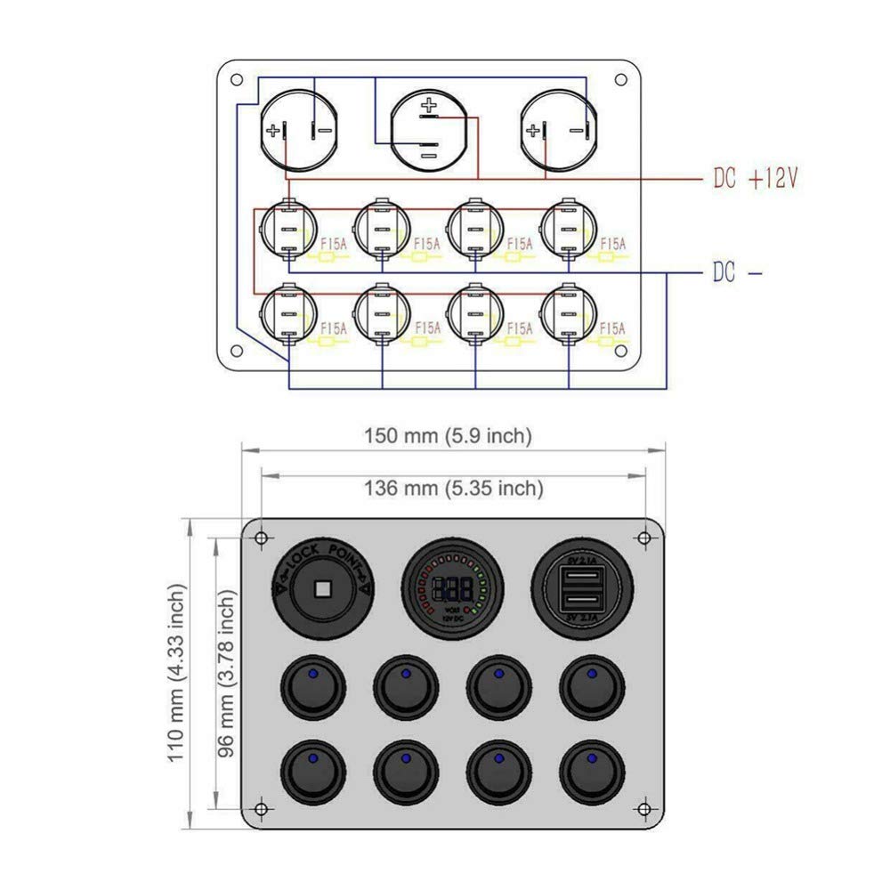 KAOLALI Pannello di Interruttori Basculanti, Interruttore a Levetta con 8 Interruttori Presa Accendisigari 12 V LED Voltmetro + 4,2 A Doppio Caricatore USB per Camper Roulotte Barche