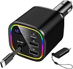 Car Charger USB C - 12V Cigarette Lighter Adapter 78W Fast Charger with Retractable USB C Cable, RGB Lights, Voltage Display, 4 in 1 Car Phone Charger for iPhone Android, Car Accessories Gift (Blue)