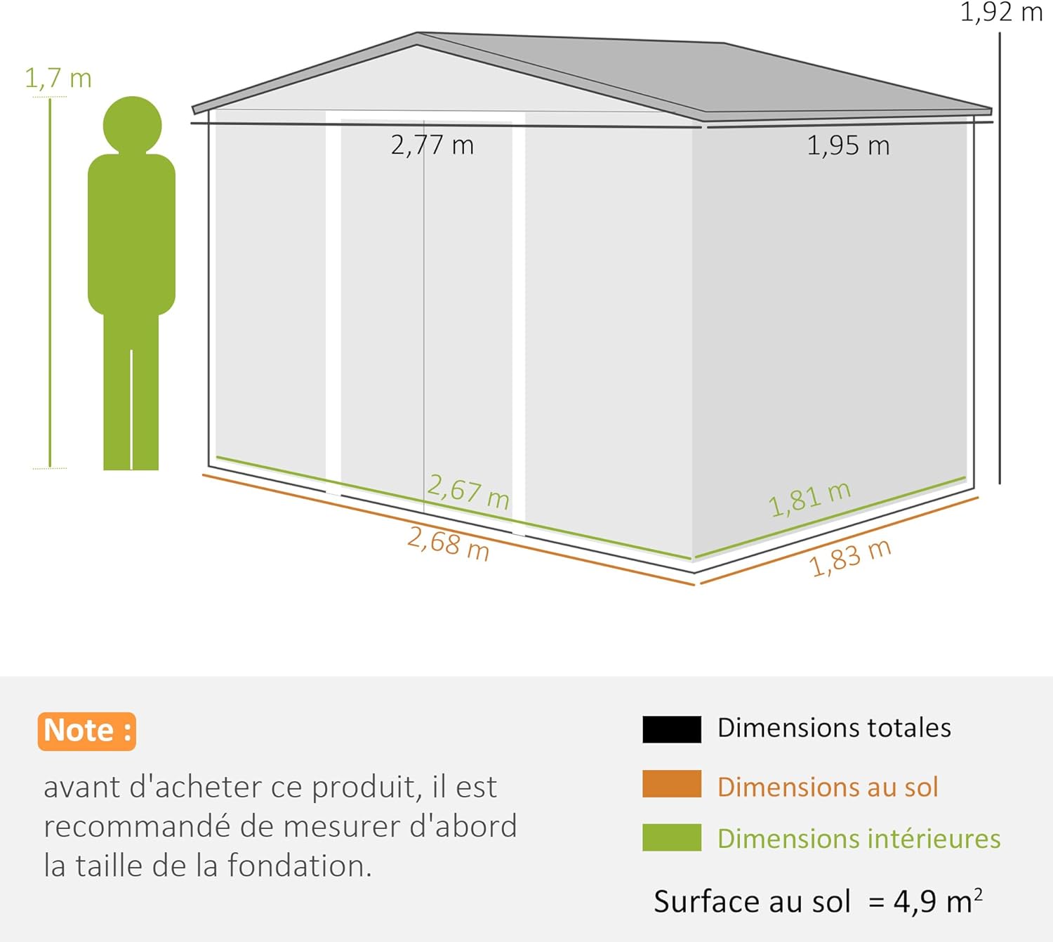 Diagram showing the dimensions of the Outsunny garden shed