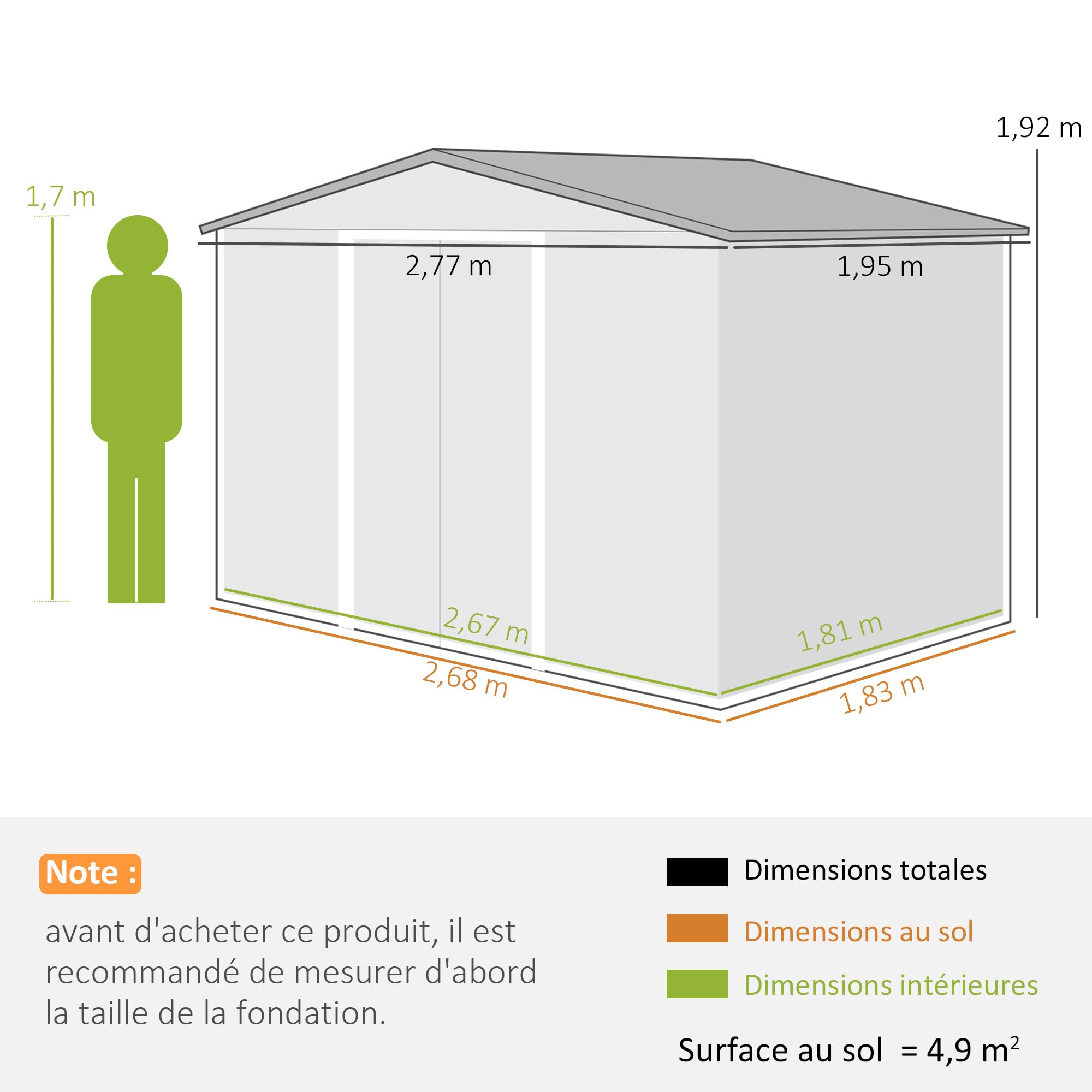 Outsunny Abri de Jardin en Acier galvanisé XXL 5,4 m² avec kit de Fondation 277 x 195 x 192 cm, cabane de Jardin cabanon Rangement Outils avec Portes coulissantes verrouillables et 4 aérations, Gris