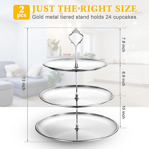 Miniatura 10 de Gerrii Juego de 2 soportes de exhibición de cupcakes de 3 niveles, bandeja de servir de acero inoxidable, torre de pastel para fiesta de cumpleaños,