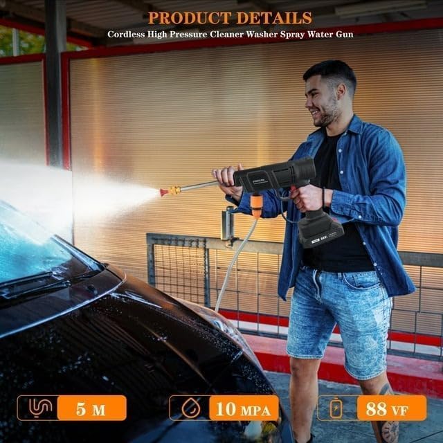 Image of Cordless 48V Electric Car Pressure Washer with 12000mAh Battery | Portable Power Washer Gun with Accessories for Car, Bike & Home Cleaning