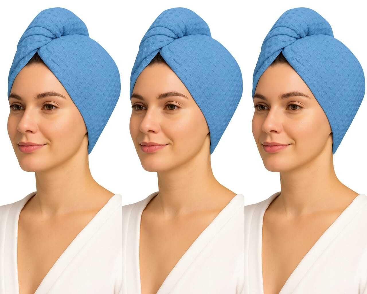 Women 3 Pack 100% Cotton Waffle Turbie Towel, Super Absorbent & Quick Drying Lightweight Turban with Button Up Anti-Frizz Toweling Cap Soft Twist Dry Hat for Long, Curly & Thick Hair 66X25cm, Blue