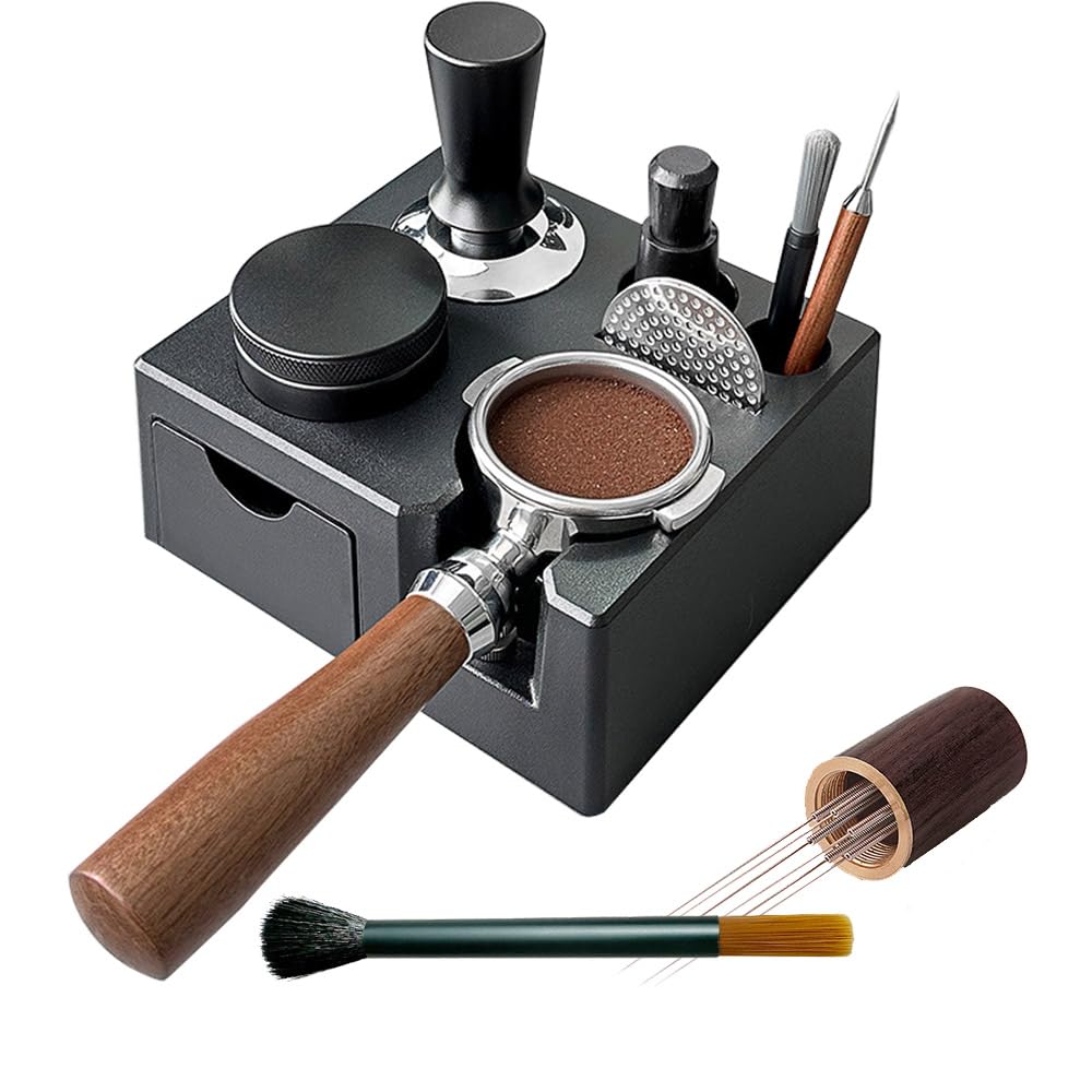Tamper Station Universal para Barista 51-58mm | Soporte de Apisonamiento de Espresso con Agitador y Cepillo para Guardar el Tamper de Espresso, Dispensador, Portafiltros