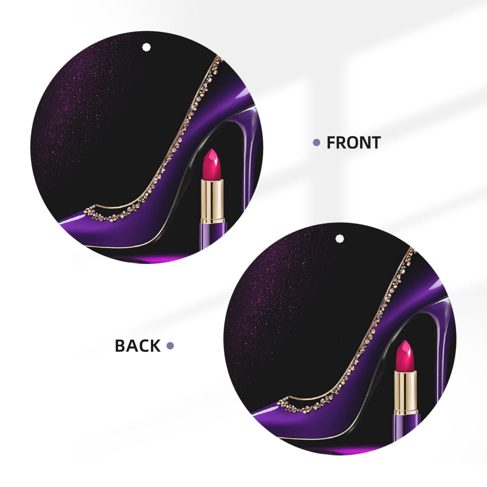 (Elegant Purple High Heels mit Lippenstift) bedrucktes Papier Auto-Lufterfrischer Lavendelduft hängender Geruchsentferner 10/40/100 Stück für Fahrzeug Zuhause Schrank Kleiderschrank – runde Form