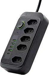 Extensão Tomada, Régua Tomada, Régua de Energia, 5 Tomadas, 4 Interfaces USB, 1 Porta USB Tipo-C, Cabo de Alimentação de 1,9 metros, Suporte a Tensão de 110-220V, Potência de 2500W (Preto)