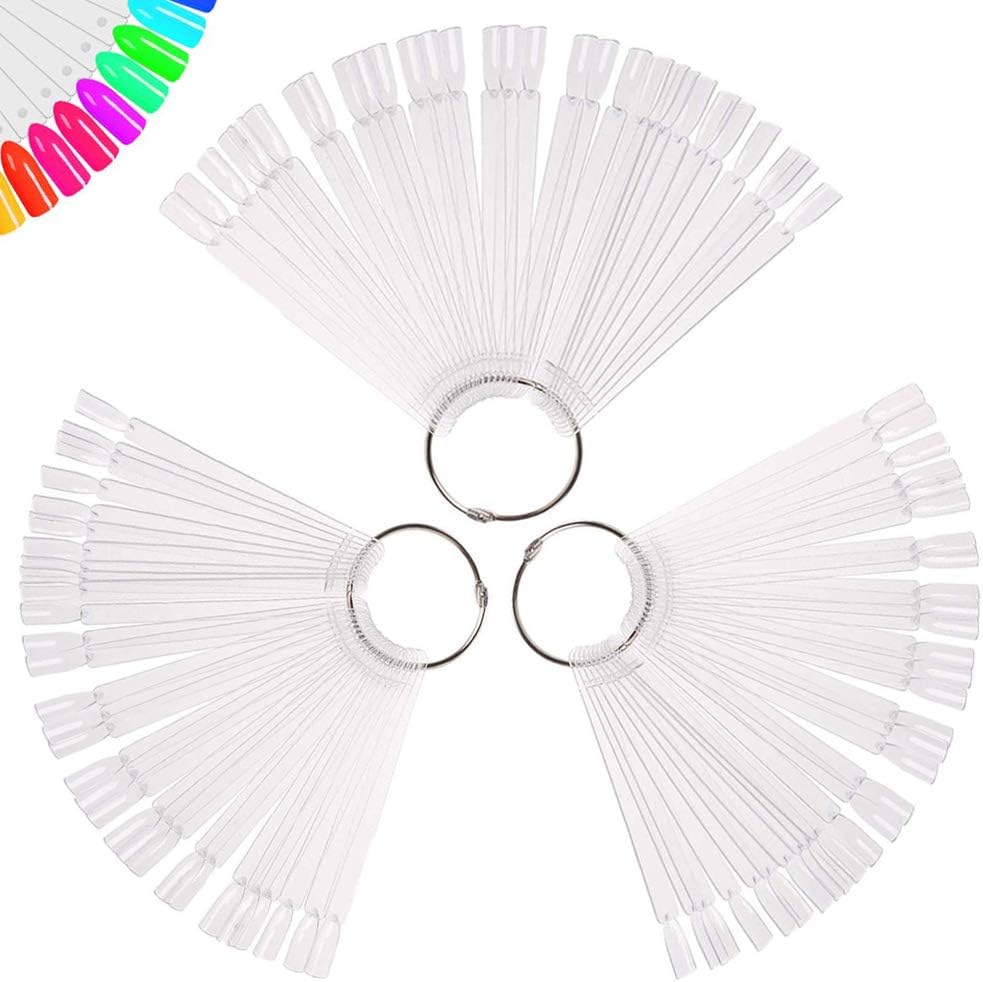 Treamlyn 150 Pcs Clear Nail Swatch Sticks with Ring, Fan Shape Nail Art Tips, False Nail Sample Sticks, Nail Practice Color Display, Transparent Board for Nail