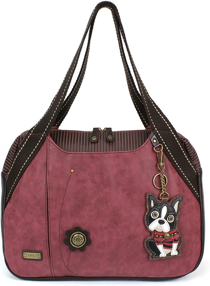 CHALA Handbag Shoulder Purse Tote Bag with Animal Purse Charm (835GY) (Burgundy Boston)