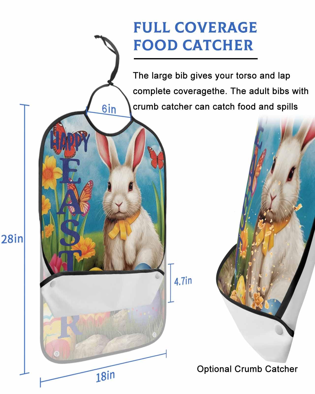 LEOKOTI Watercolor Easter Adult Bibs for Eating, Waterproof Bibs with Food Catcher & Adjustable Snap Closure, Spring Floral Botanical Bunny Eggs Washable Clothing Protectors Adult Bibs for Elderly