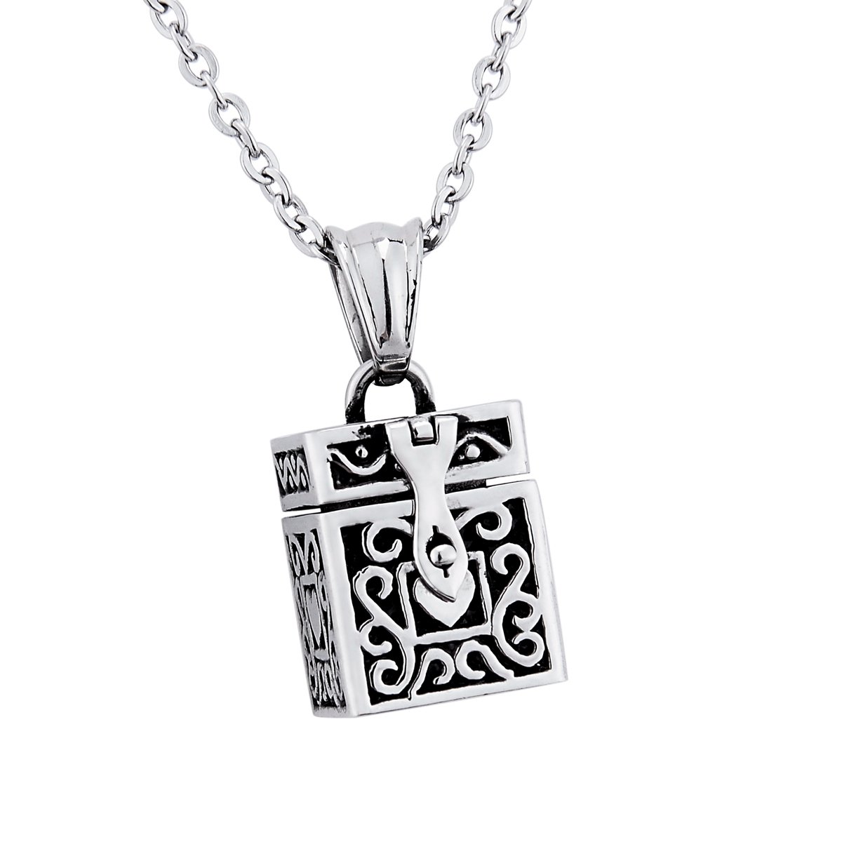 KYRetro Square Prayer Box Pendant Memorial Necklace Keepsake Stainless Steel Locket Pendant Necklace Memorial Jewelry